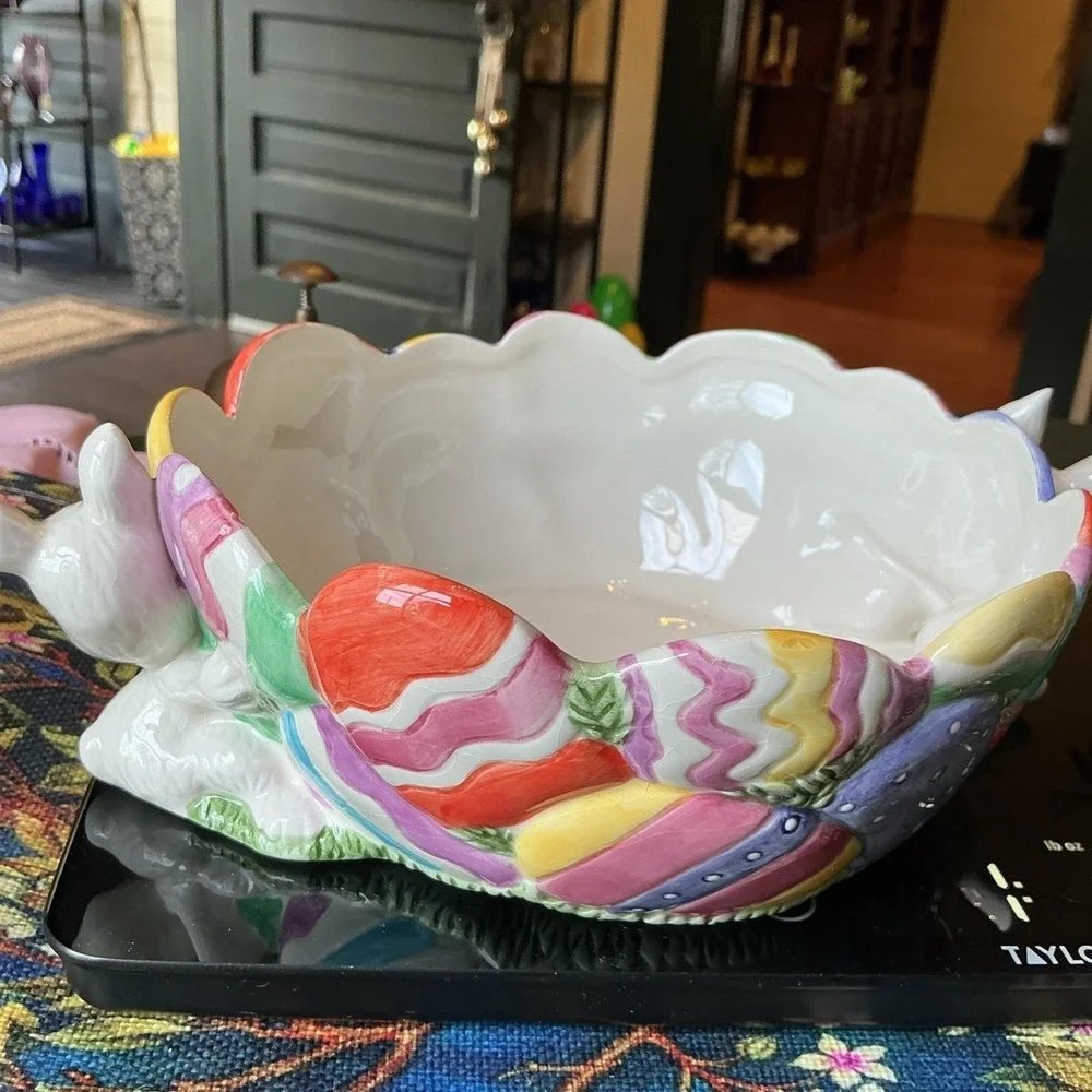 Vintage Fitz And Floyd Gathering‎ Eggs Easter Candy Bowl 2 Bunny Rabbits